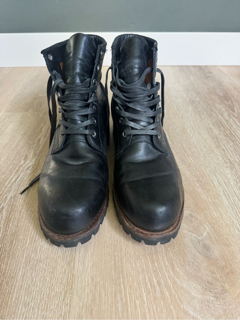 Frye Black Leather Lace-Up Lug Sole Boots